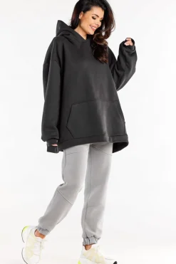 Bluza damska oversize z kapturem - grafitowa