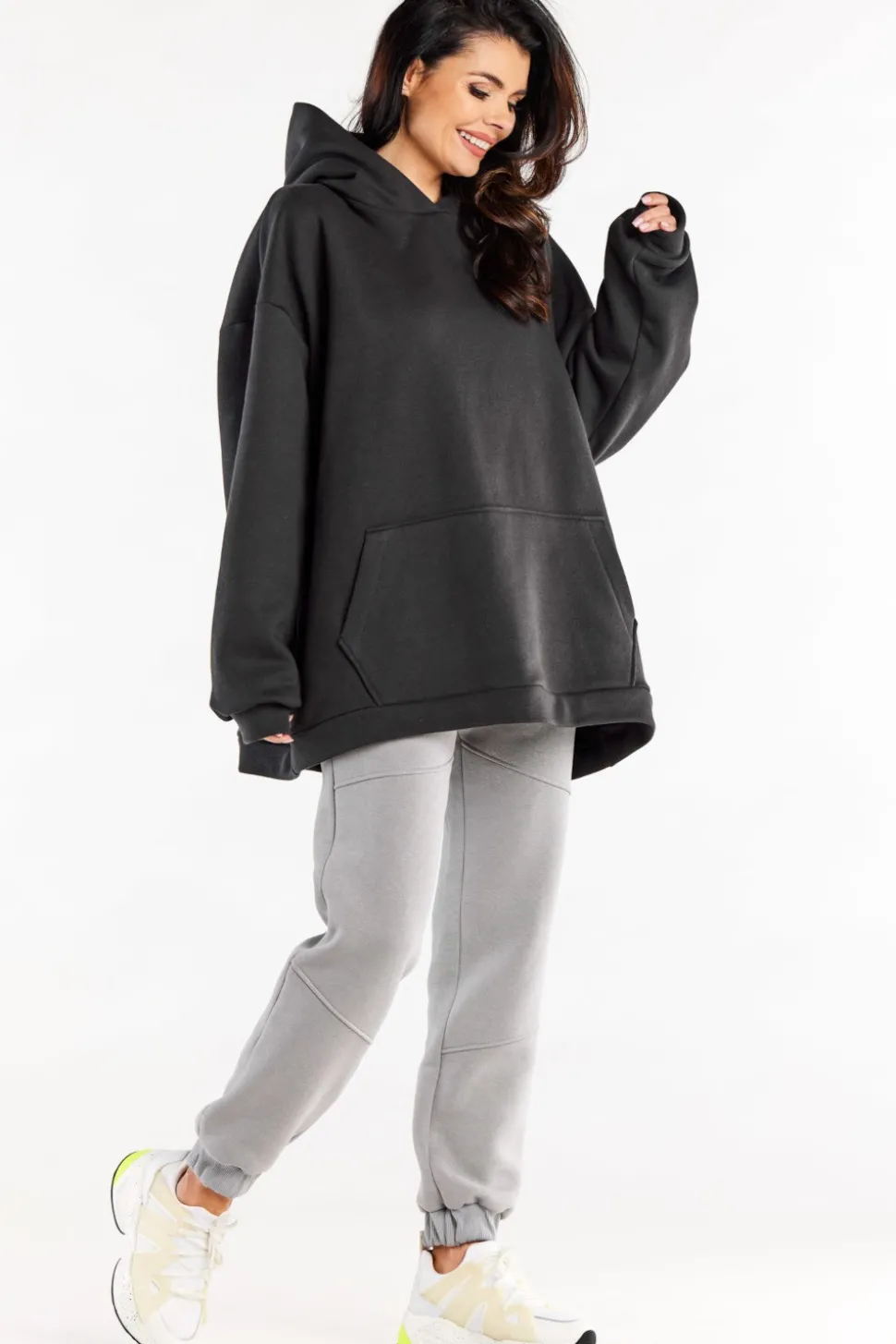 Bluza damska oversize z kapturem - grafitowa