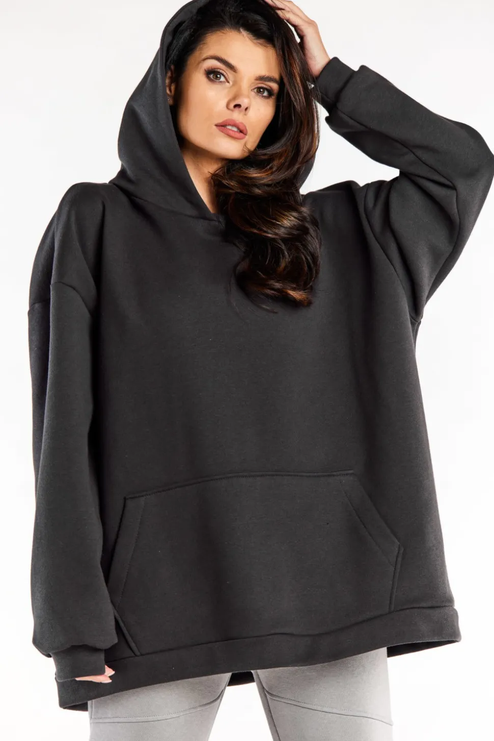 Bluza damska oversize z kapturem - grafitowa