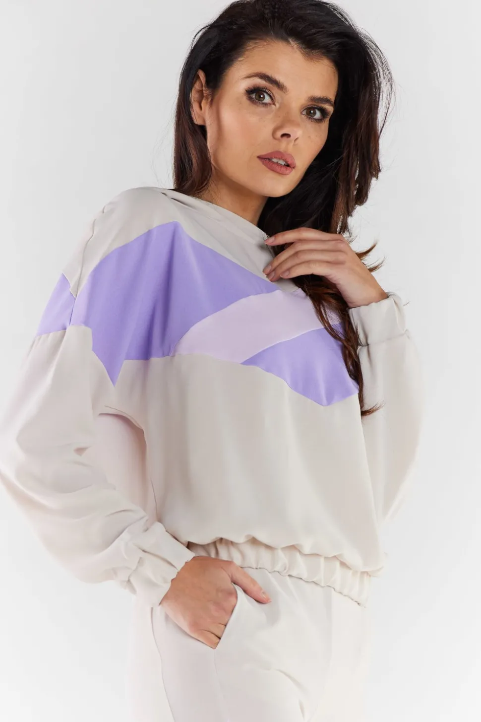 Bluza damska z kapturem - beżowo-fioletowa
