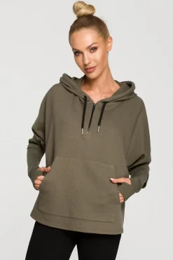 Bluza damska z kapturem i mankietami - khaki