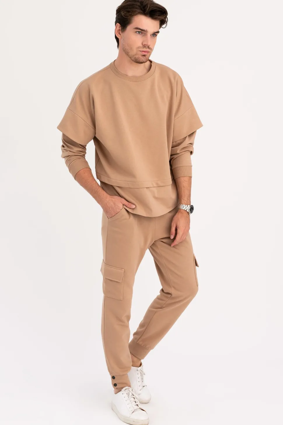 Bluza męska z warstwowymi rękawami - orzechowa