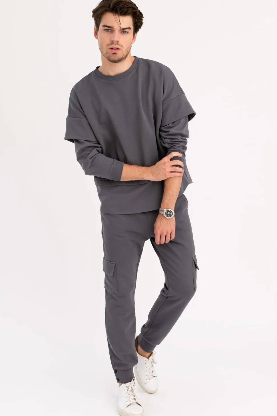 Bluza męska z warstwowymi rękawami - antracytowa