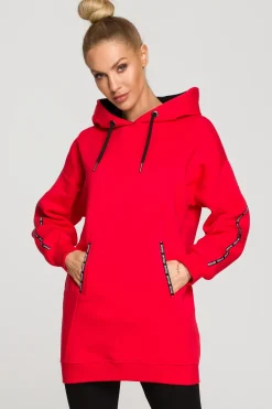 Bluza oversize z lampasami i kapturem - czerwona