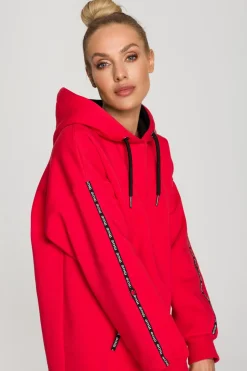 Bluza oversize z lampasami i kapturem - czerwona