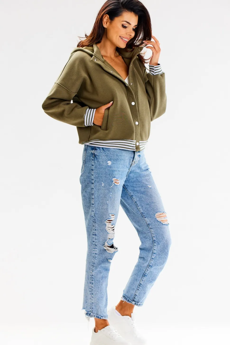 Bluza typu bomberka ze stójką i kapturem - khaki