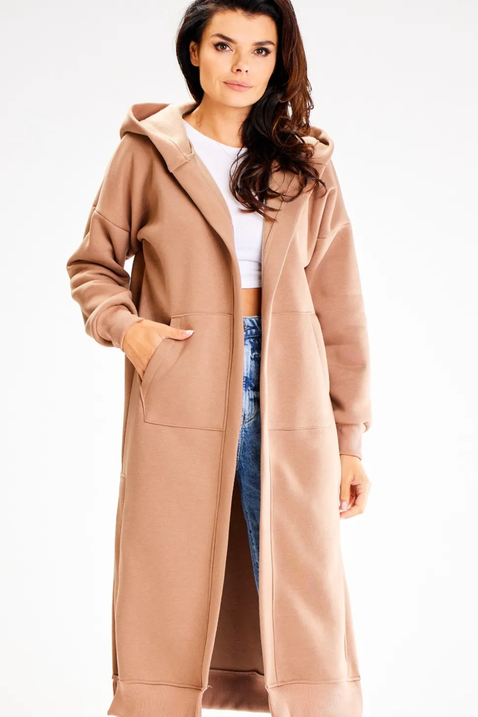 Bluza typu parka z kapturem i kieszeniami - beżowa