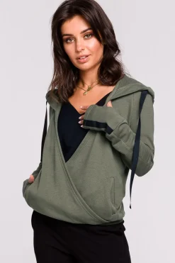 Bluza z kapturem i przodem na zakładkę - khaki