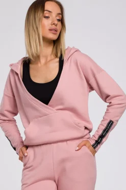 Bluza z kieszenią kangurek i kapturem - pudrowa