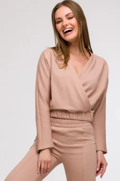Bluza z kopertowym dekoltem - mocca
