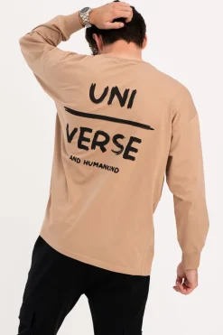 Bluzka męska longsleeve z nadrukiem - orzechowa