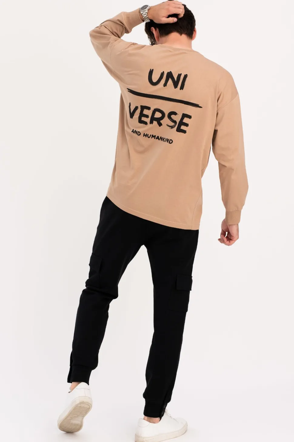 Bluzka męska longsleeve z nadrukiem - orzechowa