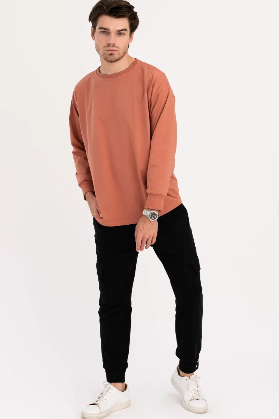 Bluzka męska longsleeve z nadrukiem - ceglasta