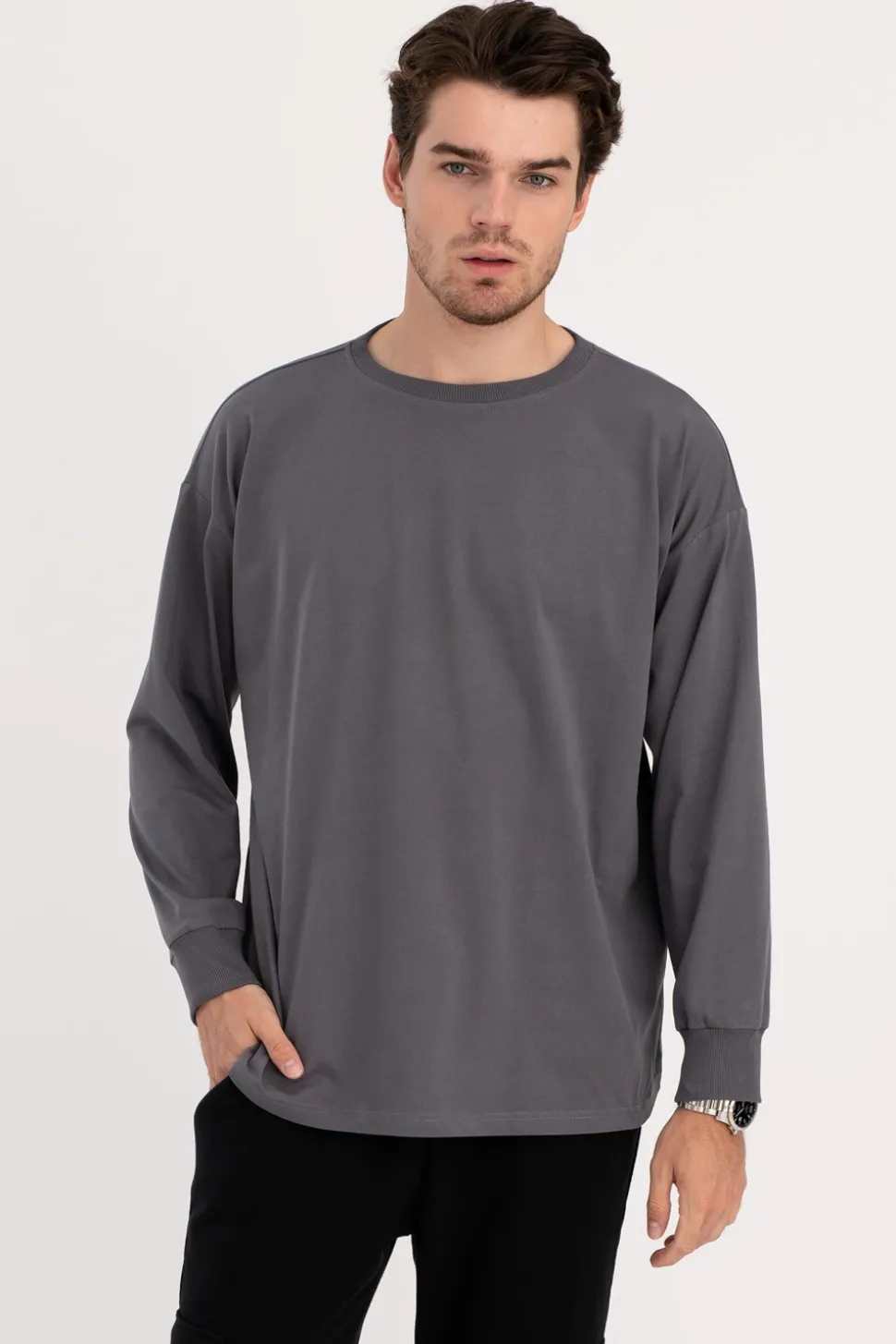 Bluzka męska longsleeve z nadrukiem - antracytowa