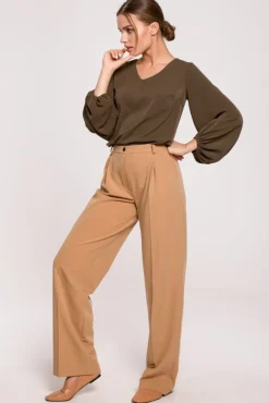 Bluzka z szerokimi rękawami i dekoltem - khaki