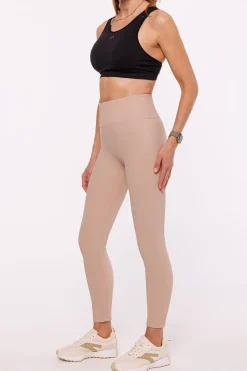 Dopasowane legginsy prążkowane z wysokim stanem - ciemnobeżowe