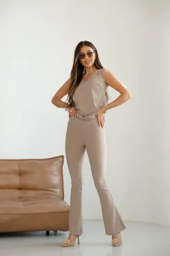 Dopasowane legginsy prążkowane z nogawką typu bootcut - cappuccino