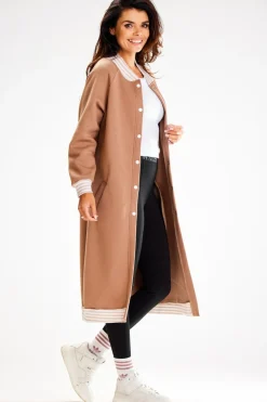 Długa bluza typu parka ze stójką - beżowa