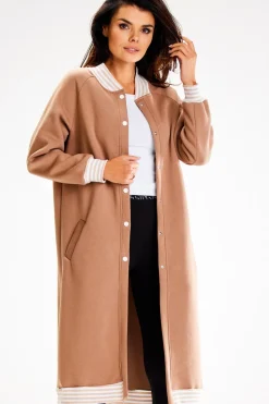 Długa bluza typu parka ze stójką - beżowa