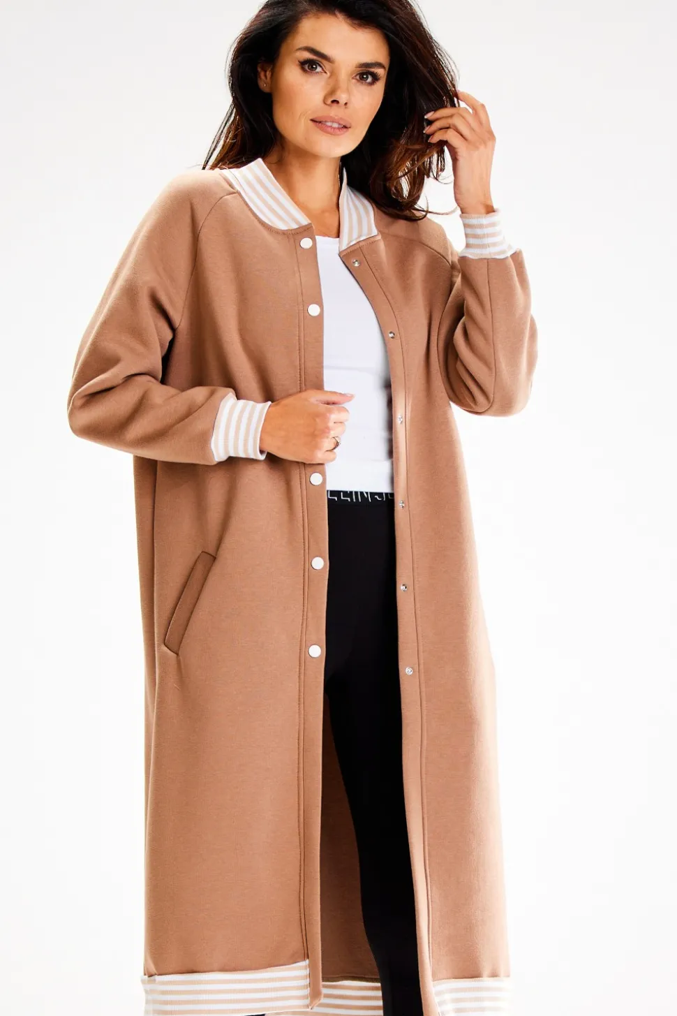 Długa bluza typu parka ze stójką - beżowa