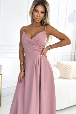 Elegancka sukienka maxi na ramiączkach - brudno-różowa