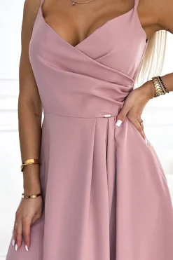 Elegancka sukienka maxi na ramiączkach - brudno-różowa