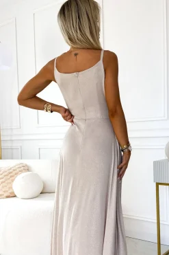 Elegancka sukienka maxi na ramiączkach - beżowa z brokatem