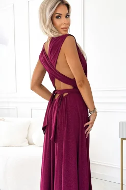 Elegancka sukienka maxi na ramiączkach - bordowa z brokatem
