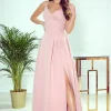 Elegancka sukienka maxi na ramiączkach - pudrowa