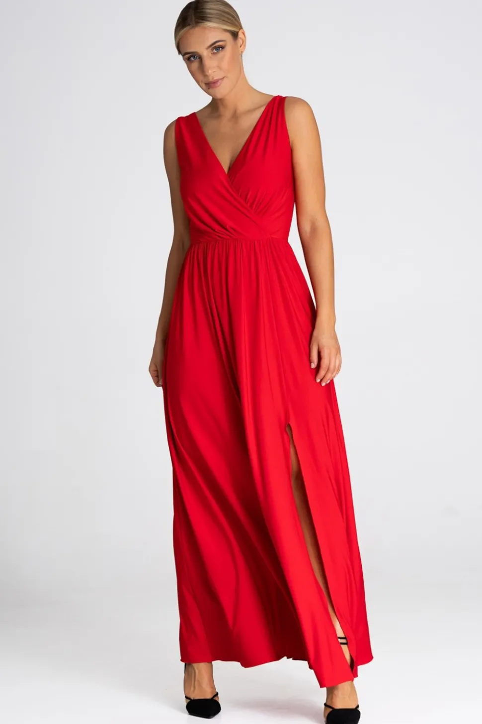 Elegancka sukienka maxi z dekoltem V - czerwona