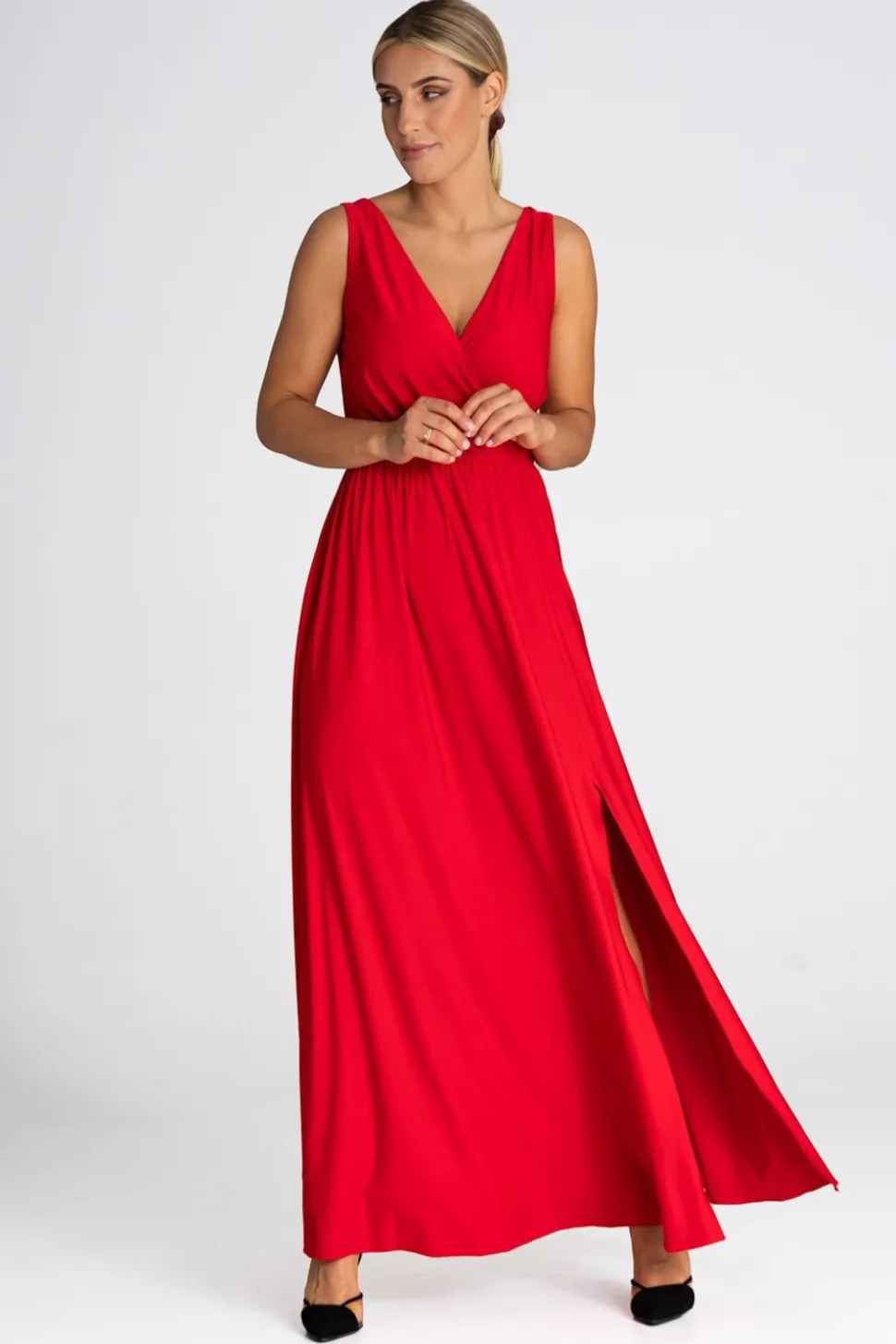 Elegancka sukienka maxi z dekoltem V - czerwona