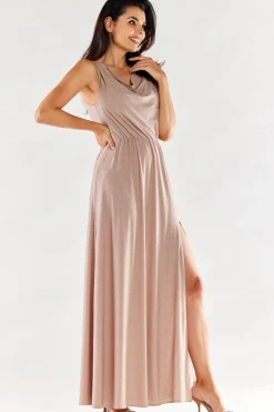 Elegancka sukienka maxi z rozcięciem - beżowa