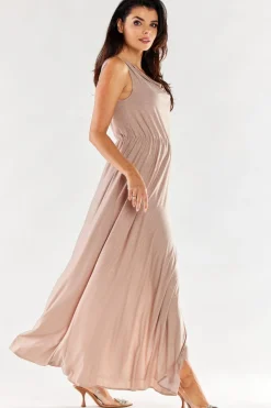 Elegancka sukienka maxi z rozcięciem - beżowa