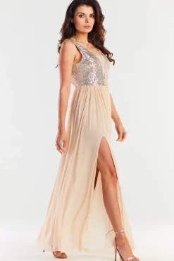 Elegancka sukienka maxi z rozcięciem - beżowa