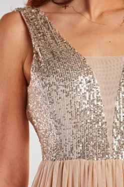 Elegancka sukienka maxi z rozcięciem - beżowa