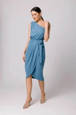 Elegancka sukienka na jedno ramię - zimno-niebieska