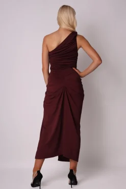 Elegancka sukienka z ozdobnym wiązaniem - śliwkowa