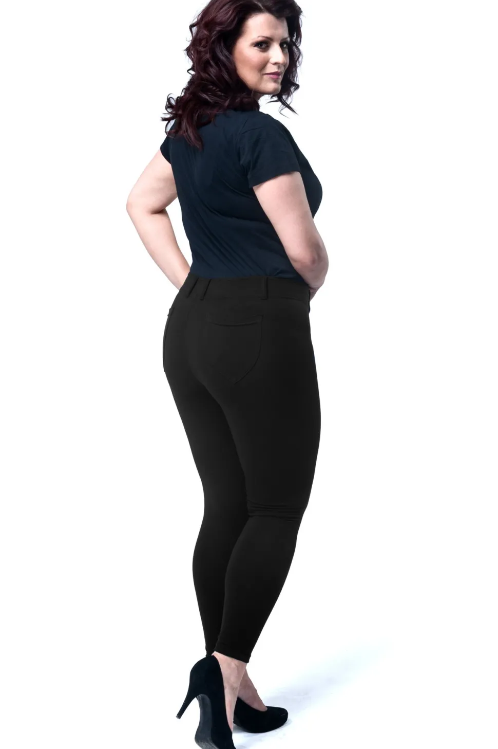 Eleganckie dopasowane legginsy damskie z kieszeniami z tyłu - czarne