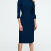 Gładka sukienka ołówkowa z paskiem - granatowa OUTLET