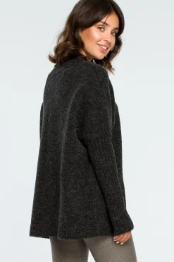 Gruby sweter ze ściągaczem w rękawie - antracytowy