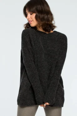 Gruby sweter ze ściągaczem w rękawie - antracytowy