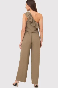 Kombinezon na jedno ramię z falbanką - khaki