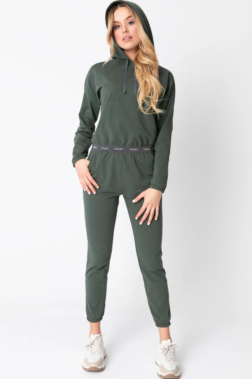 Krótka bluza z logowaną gumą - oliwkowa
