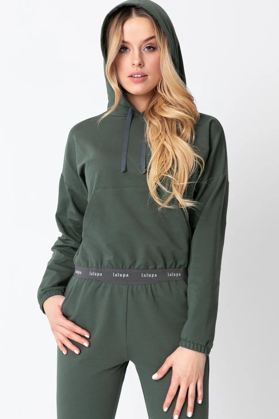 Krótka bluza z logowaną gumą - oliwkowa