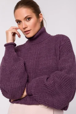 Krótki sweter z golfem - fioletowy
