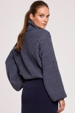 Krótki sweter z golfem - niebieski