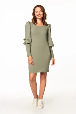 Ołówkowa sukienka mini z bufiastymi rękawami - khaki