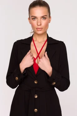 Płaszcz typu trencz z wiązanym paskiem - czarny