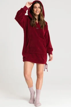 Pluszowa bluza oversize z kieszenią kangurek - bordowa