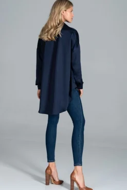 Satynowa koszula oversize - granatowa